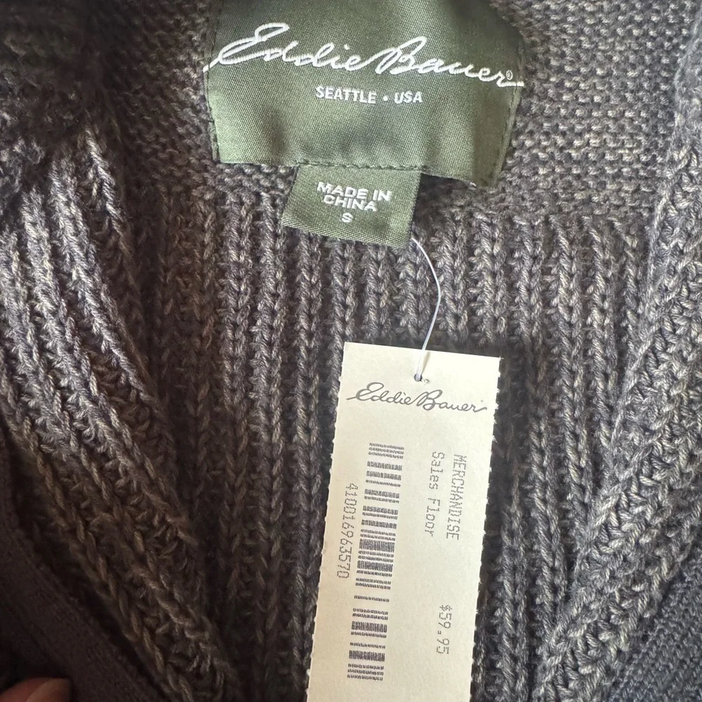 Eddie Bauer Olive Full Zip Chunky Cardigan Cable Knit Ribbed Trim Mens Small
